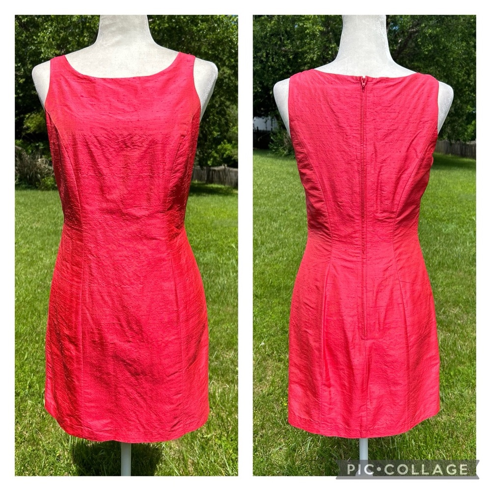 Vintage 90s y2k Betsey Johnson Bold Coral Pink Silk Shantung Sheath Dress 6 8